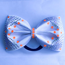 Load image into Gallery viewer, WHITE Jumbo MUSE Tailless Cheer Bow with Neon Rhinestone es