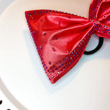 Load image into Gallery viewer, RED Jumbo MUSE Tailless Cheer Bow Framed in Red AB Rhinestones