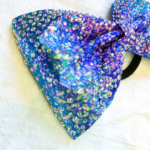 Load image into Gallery viewer, PURPLE/TURQUOISE Glitter Print Jumbo MUSE Tailless Cheer Bow